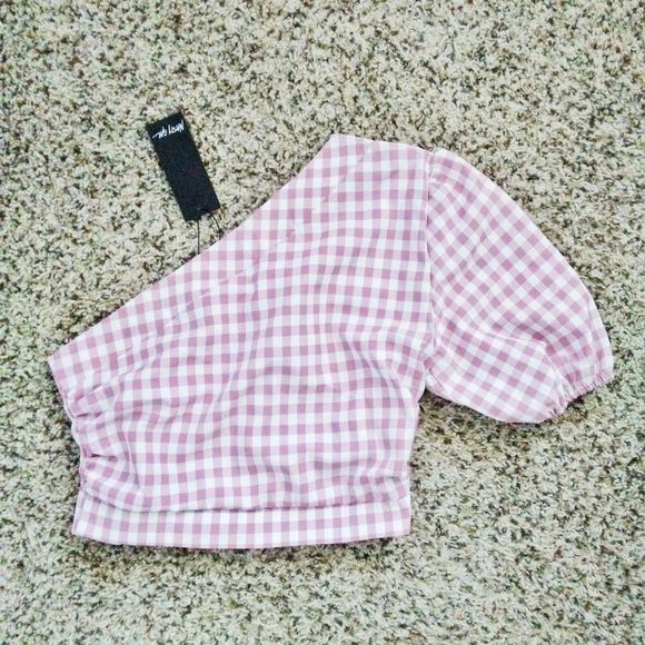 NWT Nasty Gal Pink Gingham One Shoulder Crop Top - Picture 5 of 7